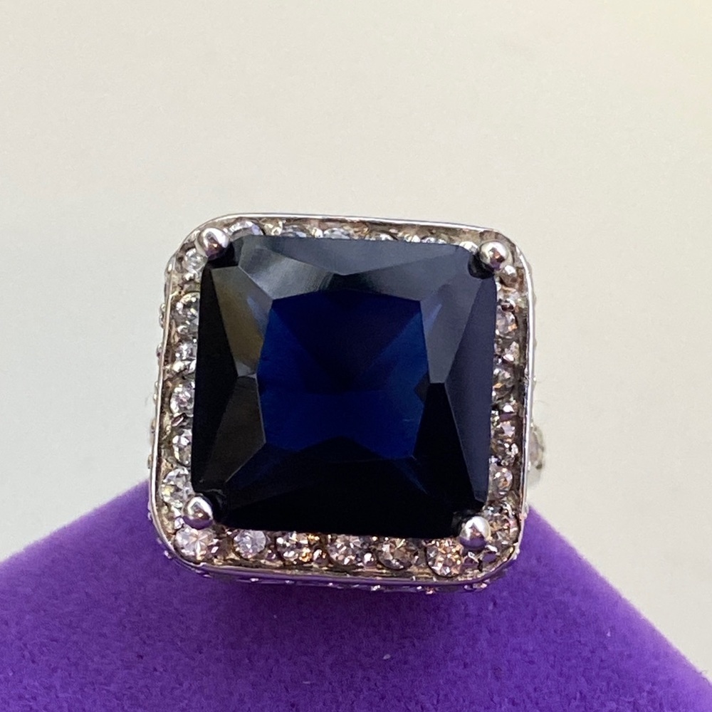 💛 Vintage Sterling Silver Dark Blue & White CZ Cocktail Ring | Bold Statement - Picture 7 of 10